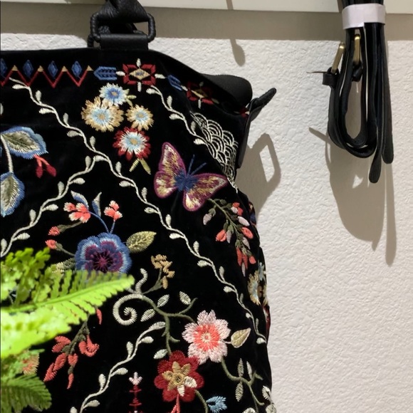 Johnny Was Black Denim & Leather with Floral Embroidery Dreamer Overnight Tote - Picture 11 of 14